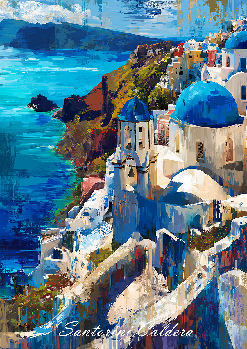 Dramatic artwork of the Santorini Caldera with vibrant blue waters and white architecture.